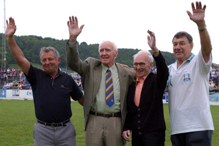 Dick Huddart is cheered at the Recre in June 2004 on a return visit to the Old country. From the left, Phil Kitchen, Bill McAlone, Tommy Keen and Dick Huddard.
